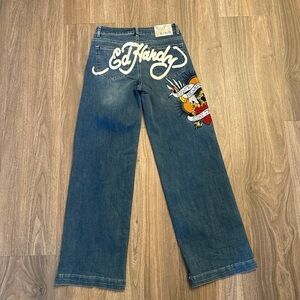 Ed Hardy Denim wide leg embroidered logo, heart Jeans size 26